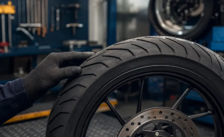 Medida gravada na lateral de um pneu de moto sendo conferida
